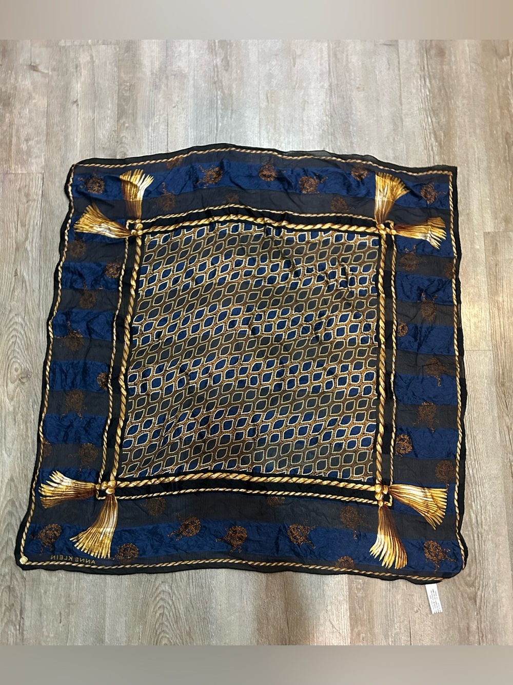 Silk Scarf Anne Klein Navy Gold Cord Rope Tassel Heraldic Vintage